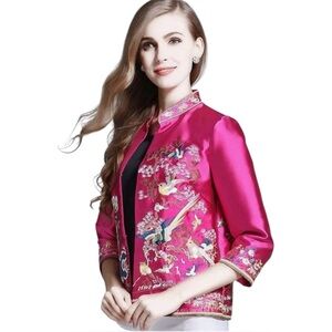 Chinese vibrant pink satin birds floral embroidered mandarin collar silk jacket